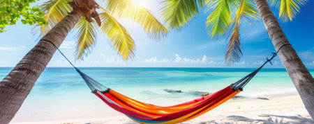 Summer background with a colorful hammock strung between two palm trees on a sunny beach: Relaxing and idyllic, perfect for a beachside napの素材