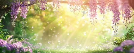 Whimsical spring background with a forest glade, blooming wisteria, and pastel colors.の素材