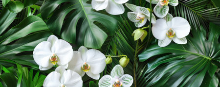 Tropical background with lush green foliage and delicate white orchids: Elegant and serene, ideal for a tropical gardenの素材