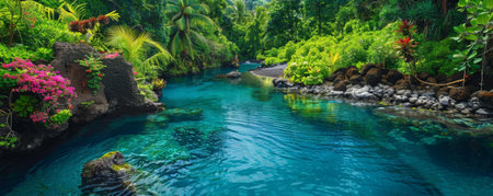 Tropical background with serene blue lagoon surrounded by lush greenery and flowers: Idyllic and tranquil, perfect for a tropical retreatの素材