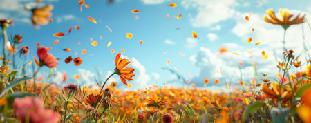 Vibrant autumn background with a field of wildflowers, a blue sky, and scattered leaves.の素材