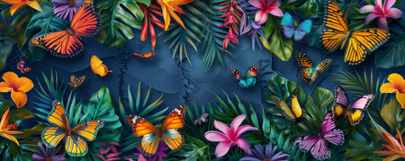 Tropical background with colorful butterflies fluttering among vibrant flowers: Playful and lively, perfect for a vibrant tropical sceneの素材