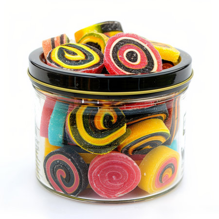 A jar of assorted licorice wheels in bright colors, isolated on white backgroundの素材
