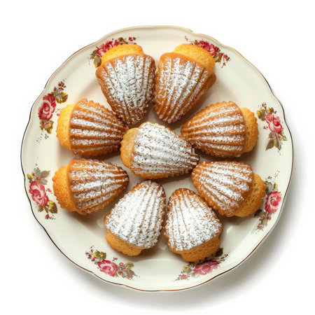 A plate of classic French madeleines with a dusting of powdered sugar, isolated on white backgroundの素材