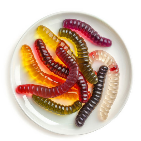 A plate of creepy crawly gummy worms in a variety of colors, isolated on white backgroundの素材