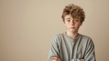 a Caucasian teenager looking anxious on a beige studio backgroundの素材
