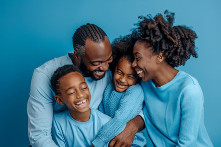 an African American family dressed in casual blue outfits, laughing together on a blue studio backgroundの素材