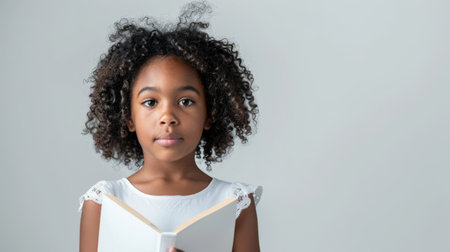 an African American girl in a white summer dress, looking curious while holding a book on a white studio backgroundの素材