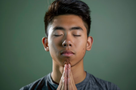 a Young Asian Man Praying: A young Asian man bowing in prayer with a humble and devout demeanor, his eyes closed and palms pressed together in a gesture of reverence. The studio background is a soothing green, evoking a sense of tranquility and harmonyの素材
