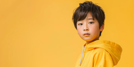 a Japanese boy in a yellow sports outfit, looking determined on a yellow studio backgroundの素材