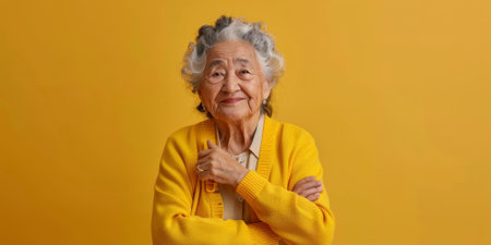 a Hispanic elderly person in a yellow cardigan, with a wise expression on a yellow studio backgroundの素材