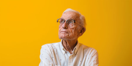 a Caucasian elderly person with a thoughtful expression on a yellow studio backgroundの素材