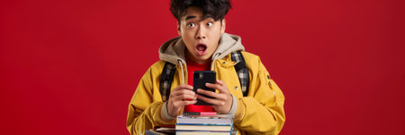 a Surprised Asian Teenager: A teenager expressing surprise while looking at a new smartphone, with a stack of books, a pen, and a snack on a red studio background. They are dressed in casual, modern clothesの素材