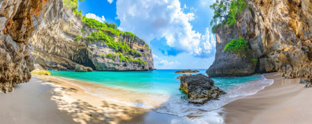 Beach background with a secluded cove surrounded by rocky cliffs.の素材