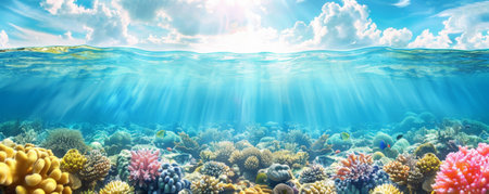 Beach background with vibrant coral and marine life visible just below the surface.の素材