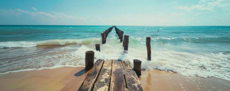 Beach background with a rustic wooden pier extending into the ocean.の素材