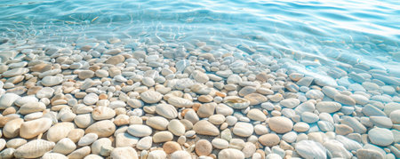 Beach background with smooth pebbles and clear, shallow water.の素材