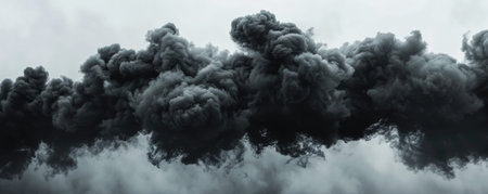 Smoke background with thick, industrial black smoke against a gray sky.の素材