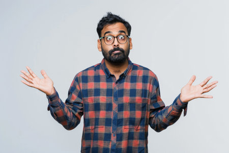 an Indian man showing confusion on a studio backgroundの素材