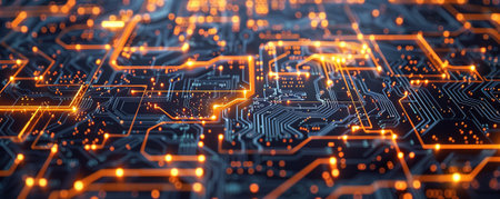 Close-up of a microchip with intricate circuits and glowing elements.の素材