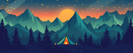 Father's Day background with a camping scene including a tent, fire, and mountains.の素材