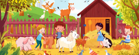 Children's Day background with children at a petting zoo, feeding animals, and a backdrop of colorful enclosures, hay bales, and detailed textures of fur and feathers.の素材