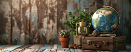 Father's Day background with a travel theme including a globe, suitcase, and passport.の素材
