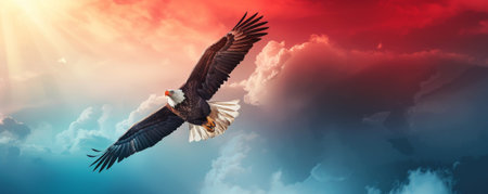 Independence Day USA background featuring an eagle soaring against a backdrop of red, white, and blue sky.の素材