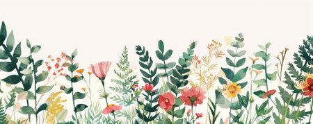 Mother's Day background with a botanical illustration of wildflowers and ferns.の素材