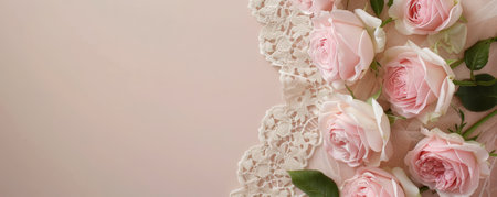 Mother's Day background with a delicate lace border and pink roses.の素材