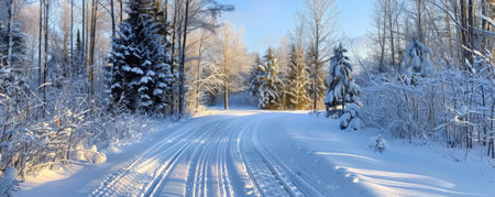 A serene cross-country skiing trail background with snow-covered paths, ski tracks, and the textures of frosty trees and crisp winter air.の素材
