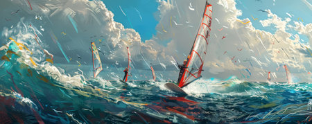 A serene windsurfing background with choppy waters, colorful sails, and the textures of swift movements and breezy conditions.の素材