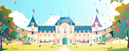 Bastille Day background with a classic French chateau decorated for the celebrations, with flags and bunting.の素材