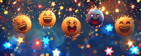 World Emoji Day background with a festive fireworks display, featuring emojis as the fireworks against a dark sky.の素材