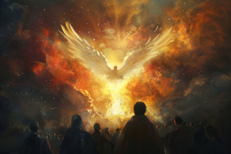 Pentecost. The Holy Spirit descends on the followers. People standing before a bright fire with a white dove in the sky. Digital painting.の素材