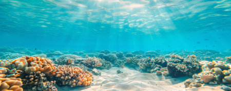 Beach background with vibrant coral and marine life visible just below the surface.の素材