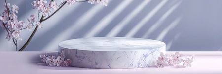 Polished marble product display podium on a soft periwinkle background: Elegant and luxurious, ideal for high-end cosmetics or fine jewelry, the podium and periwinkle marble background create a sophisticated and delicate settingの素材