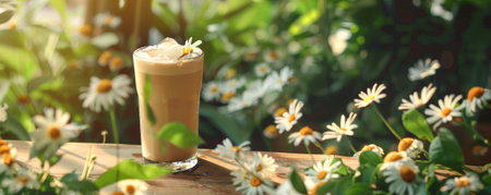 Iced coffee latte background featuring a serene garden setting. The iced coffee sits on a wooden table amidst blooming flowers and greenery, creating a peaceful and refreshing scene.の素材