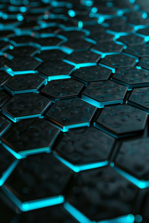 Matte black surface with glowing cyan hexagonal patterns: Bold and mysterious, great for sci-fi or modern designs, the black surface and cyan hexagons create a striking and advanced lookの素材