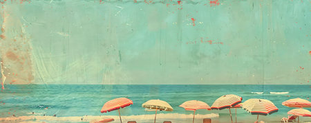 A retro beach scene with striped umbrellas and faded colors.の素材