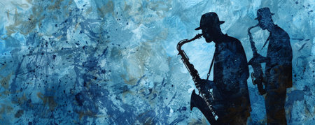 Jazzy blues background with cool blue tones and a subtle grunge texture. Silhouettes of a saxophonist and pianist convey the soulful essence of the blues.の素材