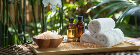 A tranquil spa setup with a wooden tray holding a bowl of bath salts, essential oil bottles, and a white towel, set against a background of bamboo and orchids.の素材