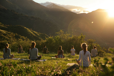 a serene yoga retreat in the mountains, with participants meditating at sunriseの素材