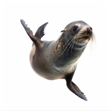 A playful sea lion pup swimming, isolated on white backgroundの素材