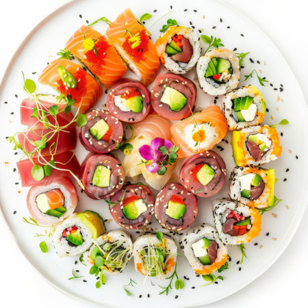 A beautifully arranged platter of rainbow roll sushi with a variety of fish such as tuna, salmon, and avocado, garnished with sesame seeds and microgreens, isolated on white background.の素材