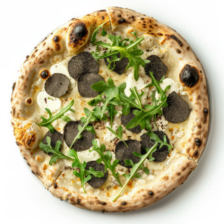 A pizza with black truffle, mozzarella, and arugula, isolated on white backgroundの素材