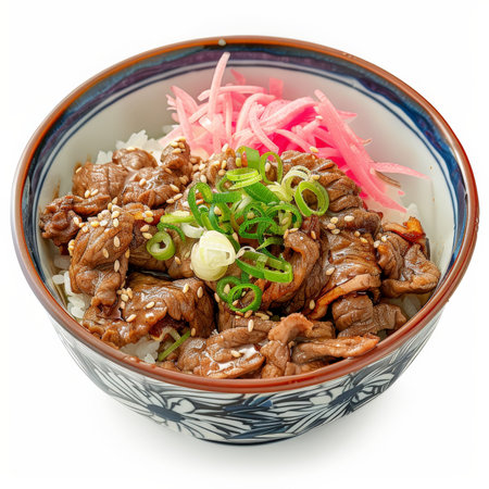 A bowl of Japanese gyudon, beef bowl with thinly sliced beef, onions, and rice, garnished with pickled ginger and green onions, isolated on white background.の素材