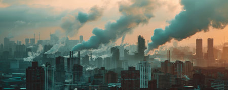 Smoke background with thick, billowing gray smoke against an urban cityscape.の素材