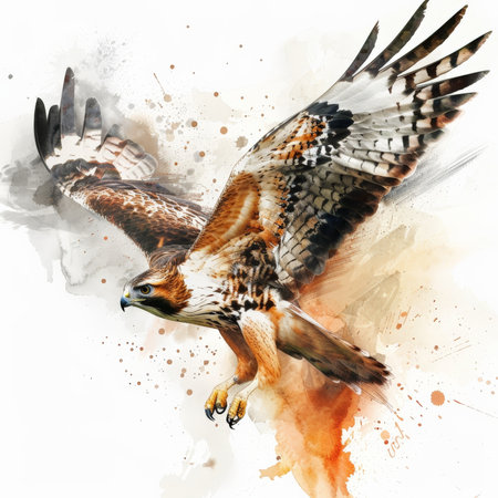 A swift hawk in mid-flight, captured in dynamic watercolor strokes, beautifully isolated on a pristine white backgroundの素材