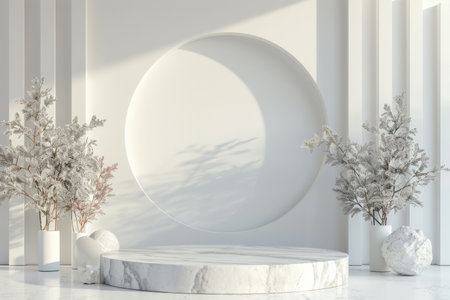 A 3D render of a blank podium display in white marble color, surrounded by geometric forms. This minimalist pedestal provides a refined and stylish scene, ideal for presenting products or mockups in a sophisticated manner.の素材